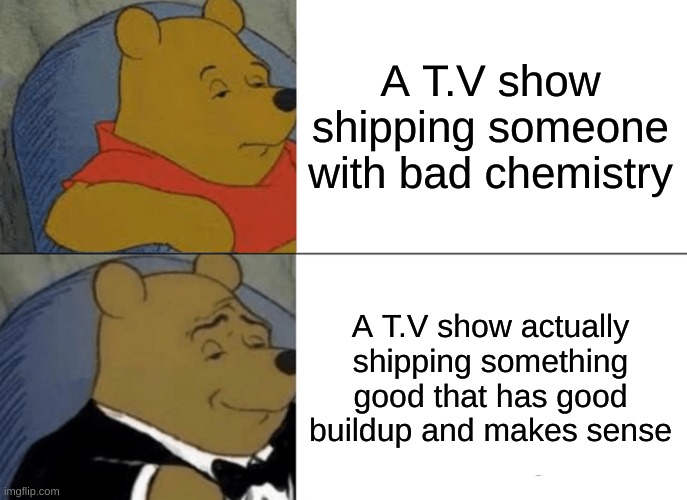 It doesn't happen enough | A T.V show shipping someone with bad chemistry; A T.V show actually shipping something good that has good buildup and makes sense | image tagged in memes,tuxedo winnie the pooh | made w/ Imgflip meme maker