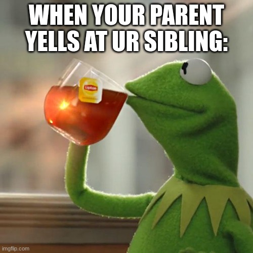 hellO | WHEN YOUR PARENT YELLS AT UR SIBLING: | image tagged in memes,but that's none of my business,kermit the frog | made w/ Imgflip meme maker