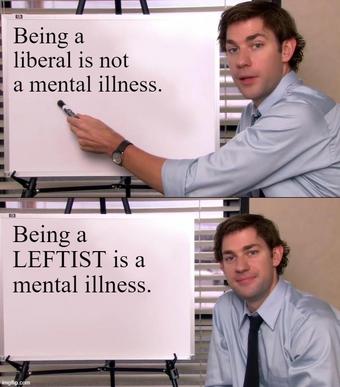 I'm a liberal and trust me, they're not the same thing. Look it up. | Being a liberal is not a mental illness. Being a LEFTIST is a mental illness. | image tagged in jim halpert explains | made w/ Imgflip meme maker