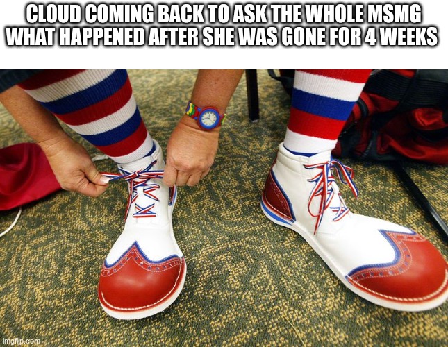 Clown shoes | CLOUD COMING BACK TO ASK THE WHOLE MSMG WHAT HAPPENED AFTER SHE WAS GONE FOR 4 WEEKS | image tagged in clown shoes | made w/ Imgflip meme maker