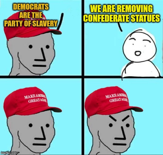 But muh history | DEMOCRATS ARE THE PARTY OF SLAVERY; WE ARE REMOVING CONFEDERATE STATUES | image tagged in maga npc an an0nym0us template | made w/ Imgflip meme maker