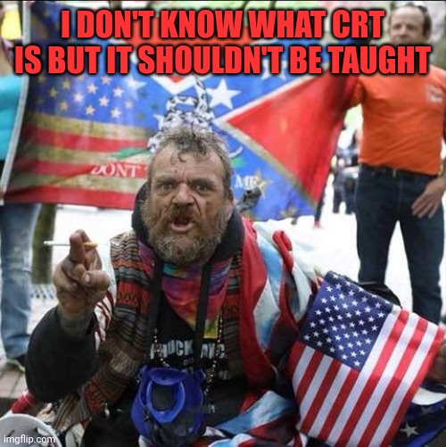We are in trouble if these people only want to teach what they understand | I DON'T KNOW WHAT CRT IS BUT IT SHOULDN'T BE TAUGHT | image tagged in conservative alt right tardo | made w/ Imgflip meme maker