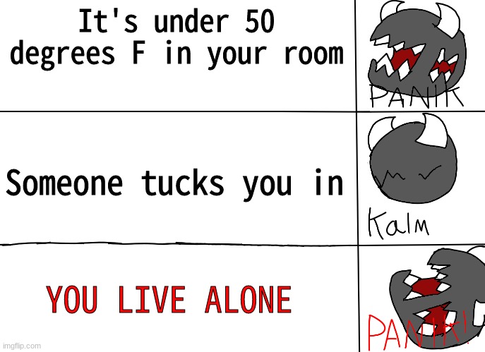 panik! | It's under 50 degrees F in your room; Someone tucks you in; YOU LIVE ALONE | image tagged in panik | made w/ Imgflip meme maker