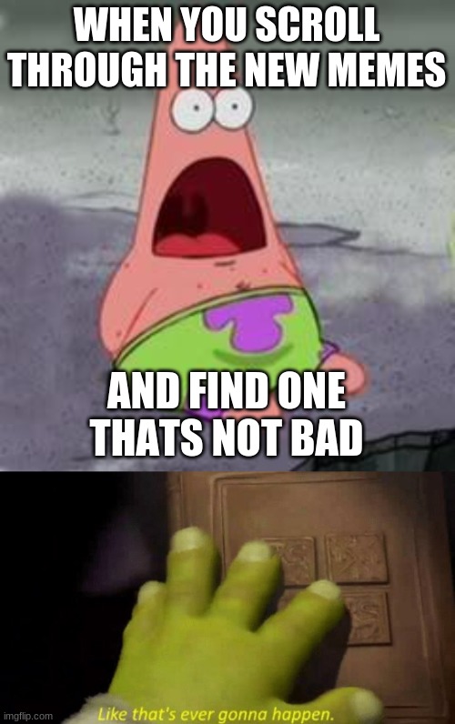 Very rarely, you see one that has potential | WHEN YOU SCROLL THROUGH THE NEW MEMES; AND FIND ONE THATS NOT BAD | image tagged in suprised patrick,like that's ever gonna happen | made w/ Imgflip meme maker