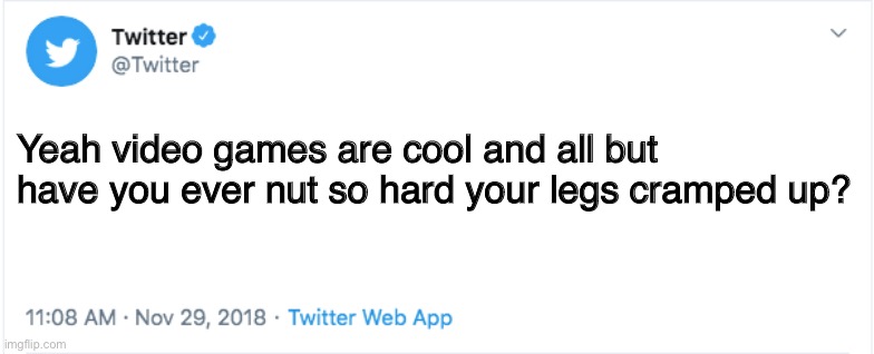 Reversal |  Yeah video games are cool and all but have you ever nut so hard your legs cramped up? | image tagged in twitter,video games,no nut november,nut | made w/ Imgflip meme maker