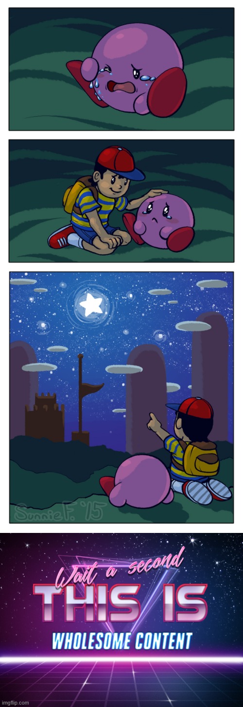 Kirby blesses Ness' soul for his kindness. | image tagged in wait a second this is wholesome content,kirby,earthbound,it's enough to make a grown man cry and that's ok | made w/ Imgflip meme maker