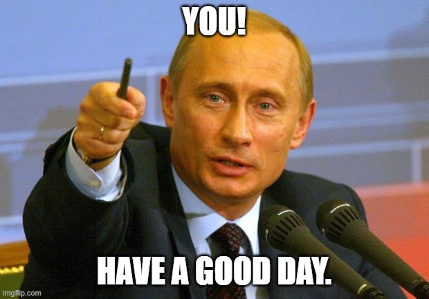 have a good day. | YOU! HAVE A GOOD DAY. | image tagged in memes,good guy putin | made w/ Imgflip meme maker