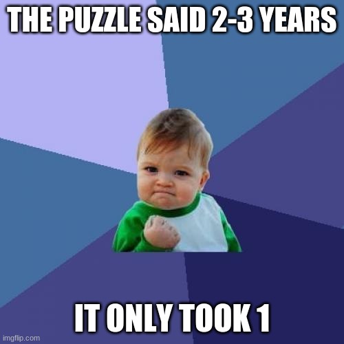 life be like dat | THE PUZZLE SAID 2-3 YEARS; IT ONLY TOOK 1 | image tagged in memes,success kid | made w/ Imgflip meme maker