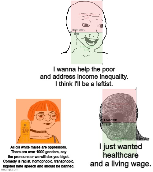 Normal leftists vs orange libleft or SJWs are turning people away from leftism |  I wanna help the poor and address income inequality. I think I'll be a leftist. All cis white males are oppressors. There are over 1000 genders, say the pronouns or we will dox you bigot. Comedy is racist, homophobic, transphobic, bigoted hate speech and should be banned. I just wanted healthcare and a living wage. | image tagged in political compass,sjws,regressive left,cringe,leftists | made w/ Imgflip meme maker