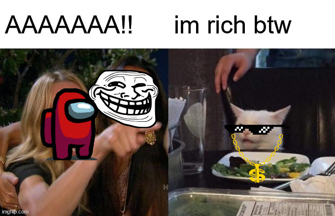 rich cat | AAAAAAA!! im rich btw | image tagged in memes,woman yelling at cat,rich cat,aaa,funny | made w/ Imgflip meme maker