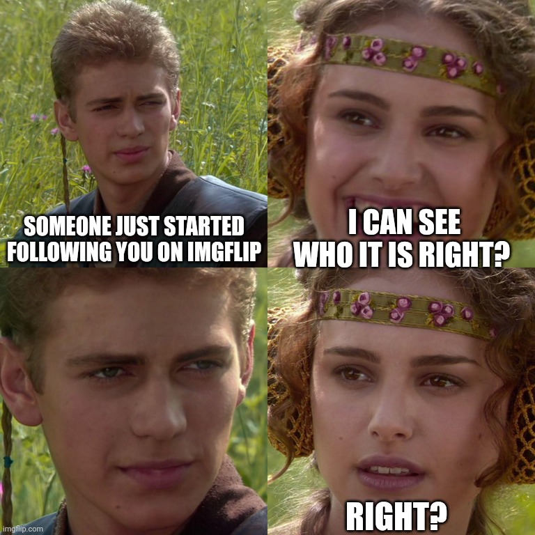 Pls fix this | SOMEONE JUST STARTED FOLLOWING YOU ON IMGFLIP; I CAN SEE WHO IT IS RIGHT? RIGHT? | image tagged in anakin padme 4 panel | made w/ Imgflip meme maker