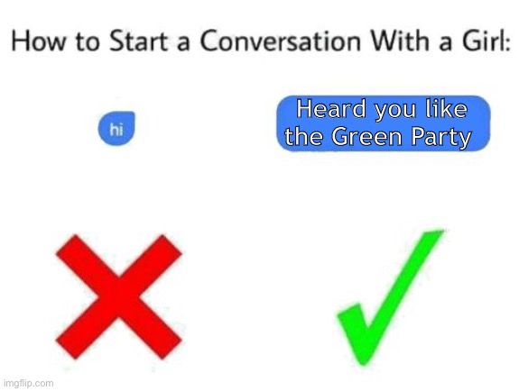 how to start a conversation with a girl (add text or image) | Heard you like the Green Party | image tagged in how to start a conversation with a girl add text or image | made w/ Imgflip meme maker