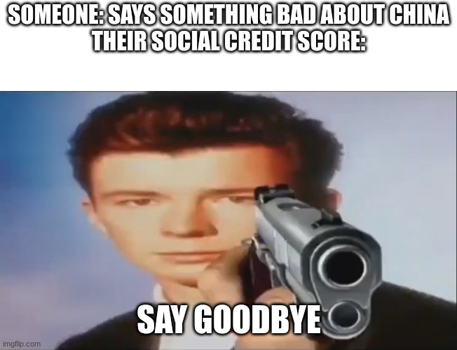 -300000 social credit score | SOMEONE: SAYS SOMETHING BAD ABOUT CHINA

THEIR SOCIAL CREDIT SCORE:; SAY GOODBYE | image tagged in say goodbye | made w/ Imgflip meme maker