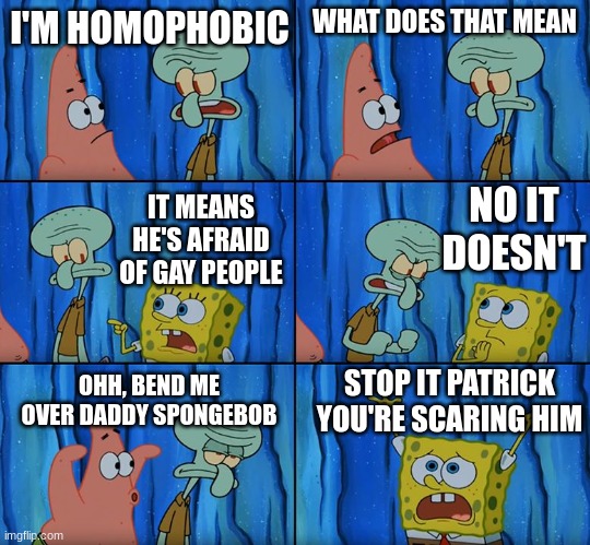 Stop it, Patrick! You're Scaring Him! | I'M HOMOPHOBIC; WHAT DOES THAT MEAN; NO IT DOESN'T; IT MEANS HE'S AFRAID OF GAY PEOPLE; STOP IT PATRICK YOU'RE SCARING HIM; OHH, BEND ME OVER DADDY SPONGEBOB | image tagged in stop it patrick you're scaring him | made w/ Imgflip meme maker