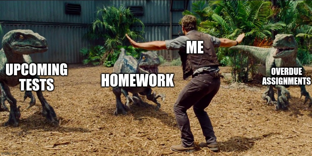 Jurassic park raptor | ME; HOMEWORK; OVERDUE ASSIGNMENTS; UPCOMING TESTS | image tagged in jurassic park raptor | made w/ Imgflip meme maker