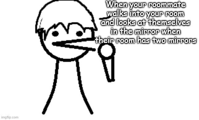 Basically my life |  When your roommate walks into your room and looks at themselves in the mirror when their room has two mirrors | image tagged in roommates | made w/ Imgflip meme maker