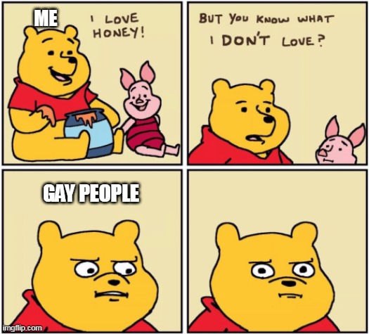 upset pooh | ME; GAY PEOPLE | image tagged in upset pooh | made w/ Imgflip meme maker