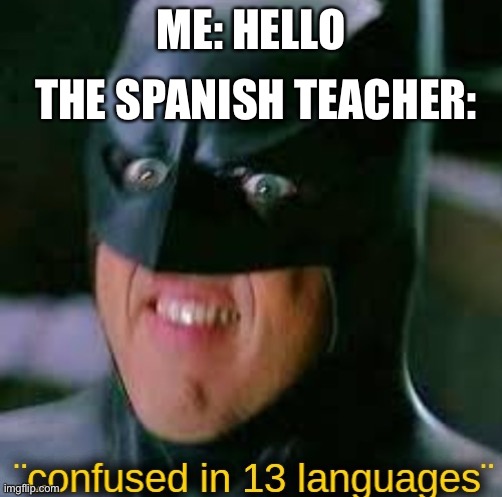 confused in 13 languages | THE SPANISH TEACHER:; ME: HELLO | image tagged in confused in 13 languages | made w/ Imgflip meme maker