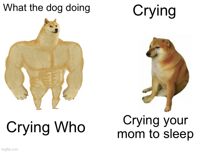 Buff Doge vs. Cheems | What the dog doing; Crying; Crying Who; Crying your mom to sleep | image tagged in memes,buff doge vs cheems | made w/ Imgflip meme maker