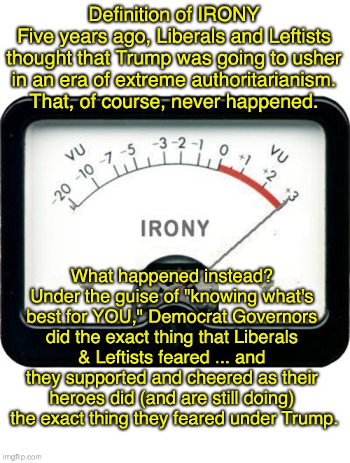 Irony? Or plain old HYPOCRISY? | Definition of IRONY
Five years ago, Liberals and Leftists thought that Trump was going to usher in an era of extreme authoritarianism. That, of course, never happened. What happened instead? Under the guise of "knowing what's best for YOU," Democrat Governors did the exact thing that Liberals & Leftists feared ... and they supported and cheered as their heroes did (and are still doing)  the exact thing they feared under Trump. | image tagged in irony meter | made w/ Imgflip meme maker