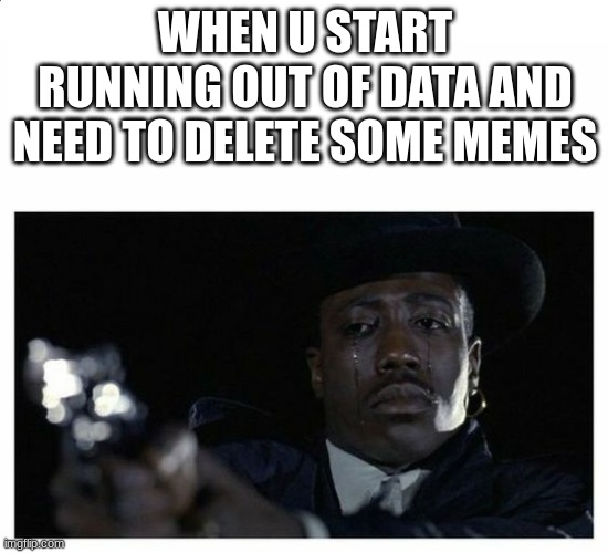 Crying Black Guy with a Gun | WHEN U START RUNNING OUT OF DATA AND NEED TO DELETE SOME MEMES | image tagged in crying black guy with a gun | made w/ Imgflip meme maker