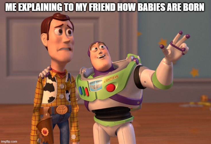 *insert confused face | ME EXPLAINING TO MY FRIEND HOW BABIES ARE BORN | image tagged in memes,x x everywhere | made w/ Imgflip meme maker