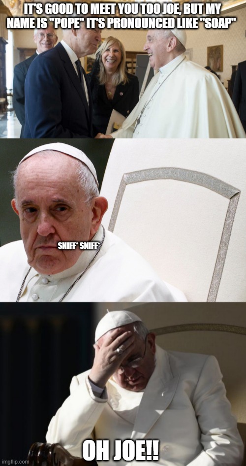 IT'S GOOD TO MEET YOU TOO JOE, BUT MY NAME IS "POPE" IT'S PRONOUNCED LIKE "SOAP" OH JOE!! SNIFF* SNIFF* | image tagged in pope francis facepalm | made w/ Imgflip meme maker