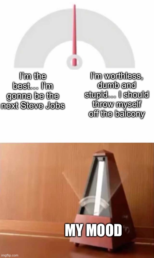 I wish this wasn’t true |  I’m worthless, dumb and stupid… I should throw myself off the balcony; I’m the best… I’m gonna be the next Steve Jobs; MY MOOD | image tagged in metronome,memes,mood,suicide,current mood | made w/ Imgflip meme maker