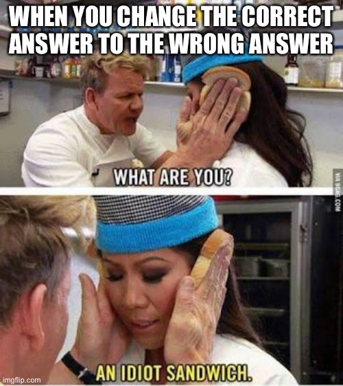 Idiot sandwich | WHEN YOU CHANGE THE CORRECT ANSWER TO THE WRONG ANSWER | image tagged in idiot sandwich | made w/ Imgflip meme maker