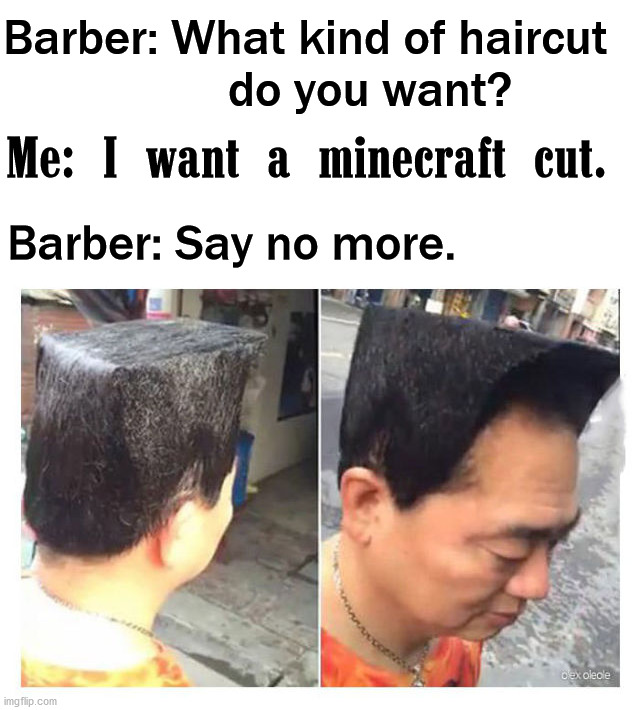 Minecraft | Barber: What kind of haircut 
                  do you want? Me: I want a minecraft cut. Barber: Say no more. | image tagged in gaming,minecraft,square | made w/ Imgflip meme maker