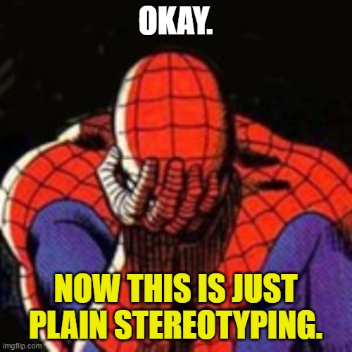 Sad Spiderman Meme | OKAY. NOW THIS IS JUST PLAIN STEREOTYPING. | image tagged in memes,sad spiderman,spiderman | made w/ Imgflip meme maker