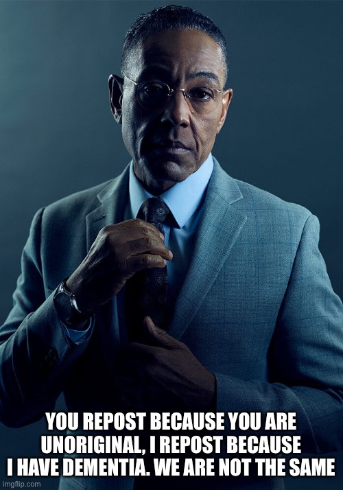 We are not the same | YOU REPOST BECAUSE YOU ARE UNORIGINAL, I REPOST BECAUSE I HAVE DEMENTIA. WE ARE NOT THE SAME | image tagged in gus fring we are not the same | made w/ Imgflip meme maker