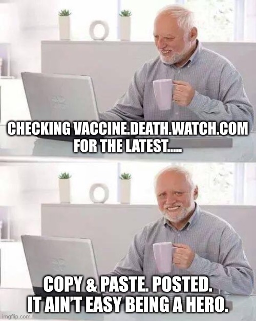 Hide the Pain Harold Meme | CHECKING VACCINE.DEATH.WATCH.COM FOR THE LATEST….. COPY & PASTE. POSTED.
IT AIN’T EASY BEING A HERO. | image tagged in memes,hide the pain harold | made w/ Imgflip meme maker