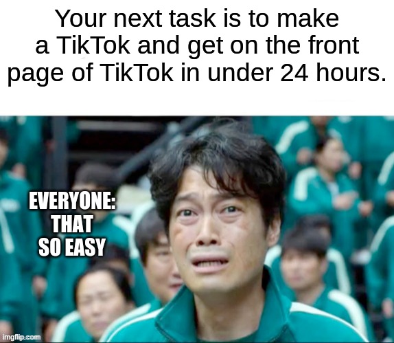 Your next task is to- | Your next task is to make a TikTok and get on the front page of TikTok in under 24 hours. EVERYONE: THAT SO EASY | image tagged in your next task is to- | made w/ Imgflip meme maker