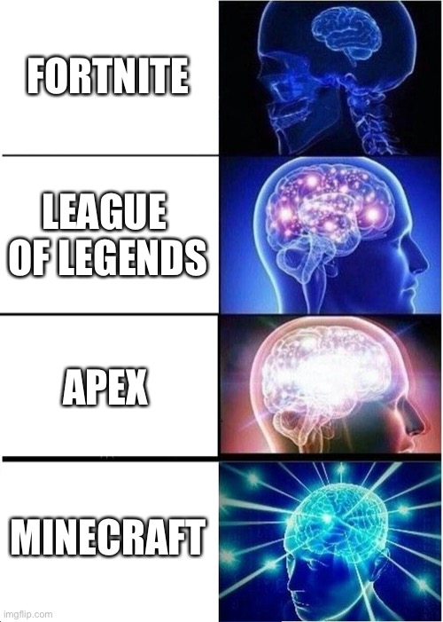 games | FORTNITE; LEAGUE  OF LEGENDS; APEX; MINECRAFT | image tagged in memes,expanding brain | made w/ Imgflip meme maker