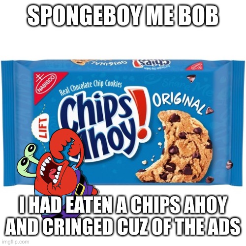 chips ahoy | SPONGEBOY ME BOB; I HAD EATEN A CHIPS AHOY AND CRINGED CUZ OF THE ADS | image tagged in chips ahoy | made w/ Imgflip meme maker