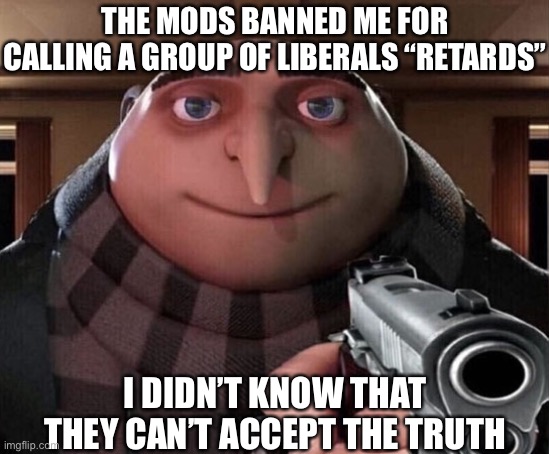 1 upvote = 1 libtard proven wrong | THE MODS BANNED ME FOR CALLING A GROUP OF LIBERALS “RETARDS”; I DIDN’T KNOW THAT THEY CAN’T ACCEPT THE TRUTH | image tagged in gru gun,stupid liberals,fuck you,oh wow are you actually reading these tags | made w/ Imgflip meme maker