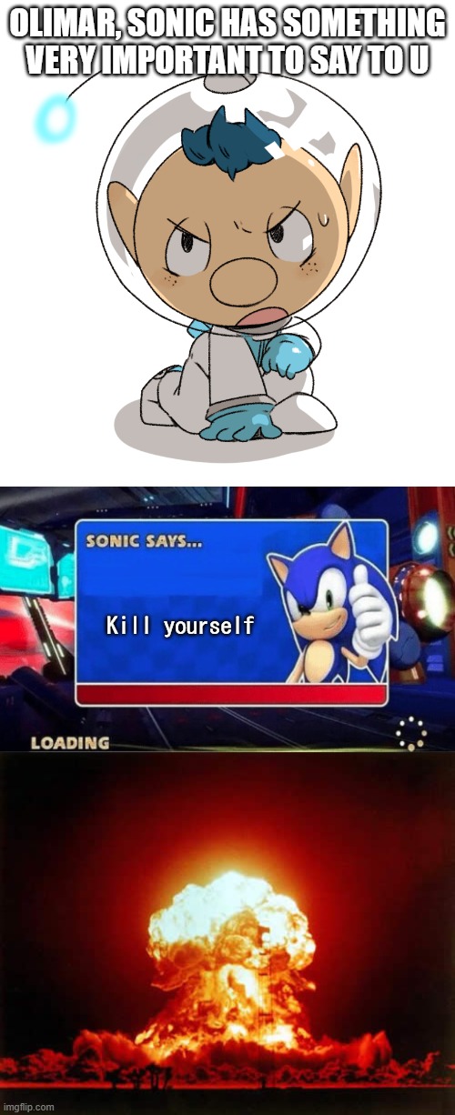 Olimar fricking died! LMAO | OLIMAR, SONIC HAS SOMETHING VERY IMPORTANT TO SAY TO U; Kill yourself | image tagged in alph,sonic says,memes,nuclear explosion,olimar dies,lmao | made w/ Imgflip meme maker