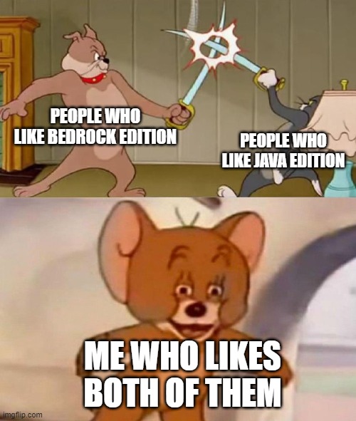 Tom and Jerry swordfight | PEOPLE WHO LIKE BEDROCK EDITION; PEOPLE WHO LIKE JAVA EDITION; ME WHO LIKES BOTH OF THEM | image tagged in tom and jerry swordfight | made w/ Imgflip meme maker