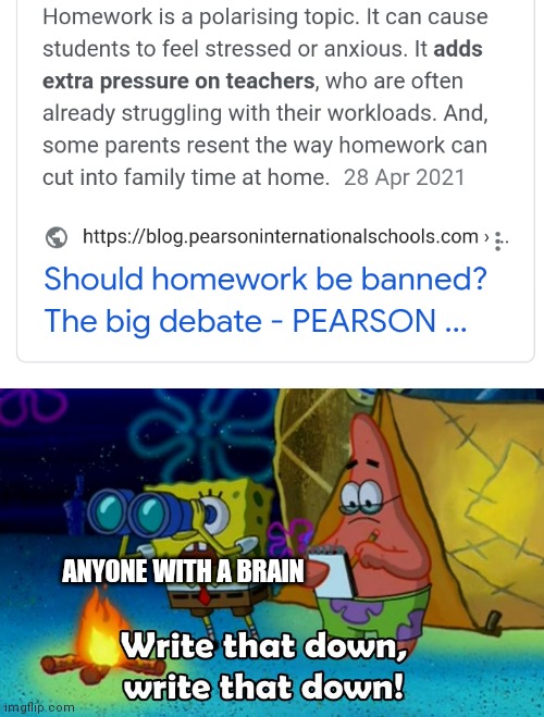 BAN HOMEWORK! FREEDOM!!!!! | ANYONE WITH A BRAIN | image tagged in write that down | made w/ Imgflip meme maker