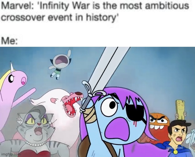 Why does the cat have The Possessed By Bill Cipher eyes lol | image tagged in infinity war crossover,pibby and everyone prepare to battle | made w/ Imgflip meme maker