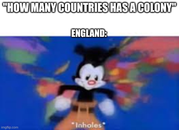 yakko inhale | "HOW MANY COUNTRIES HAS A COLONY"; ENGLAND: | image tagged in yakko inhale | made w/ Imgflip meme maker