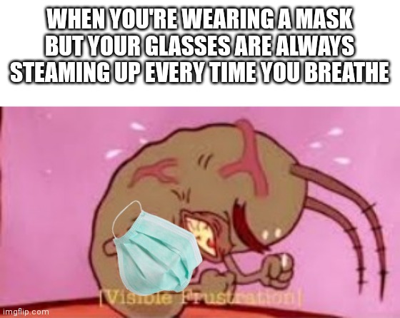 Visible Frustration | WHEN YOU'RE WEARING A MASK BUT YOUR GLASSES ARE ALWAYS STEAMING UP EVERY TIME YOU BREATHE | image tagged in visible frustration | made w/ Imgflip meme maker