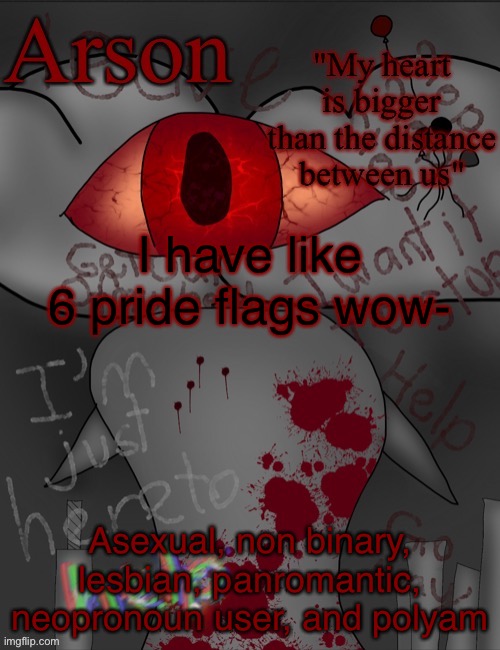 Arson's announcement temp | I have like 6 pride flags wow-; Asexual, non binary, lesbian, panromantic, neopronoun user, and polyam | image tagged in arson's announcement temp | made w/ Imgflip meme maker