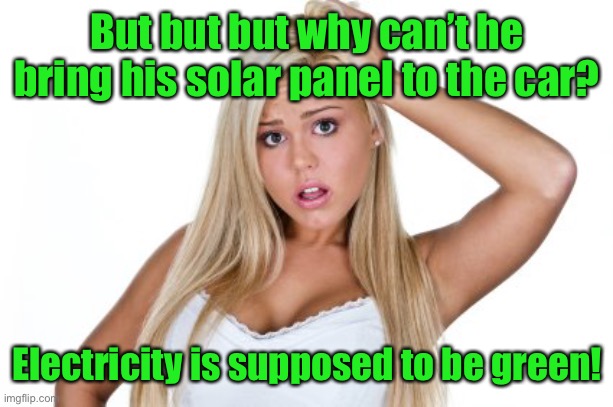 Dumb Blonde | But but but why can’t he bring his solar panel to the car? Electricity is supposed to be green! | image tagged in dumb blonde | made w/ Imgflip meme maker