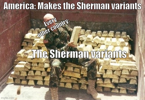 Am I wrong? | America: Makes the Sherman variants; Every other country:; The Sherman variants | image tagged in iraq gold stolen | made w/ Imgflip meme maker