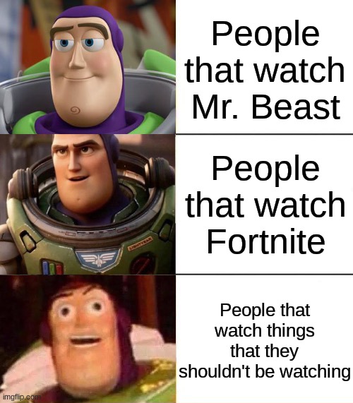 a Meme | People that watch Mr. Beast; People that watch Fortnite; People that watch things that they shouldn't be watching | image tagged in better best blurst lightyear edition | made w/ Imgflip meme maker