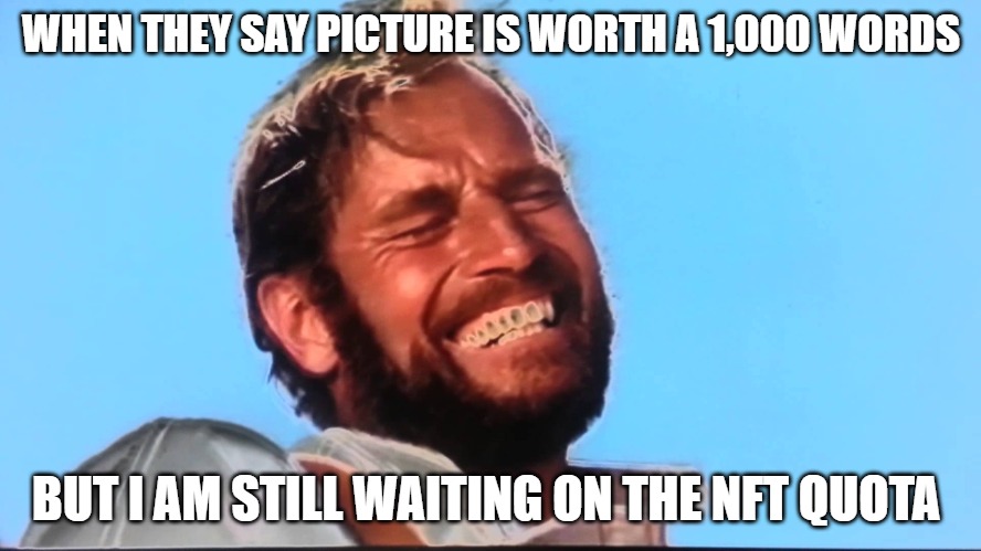 SOME ONE LYING | WHEN THEY SAY PICTURE IS WORTH A 1,000 WORDS; BUT I AM STILL WAITING ON THE NFT QUOTA | image tagged in charlton heston planet of the apes laugh | made w/ Imgflip meme maker