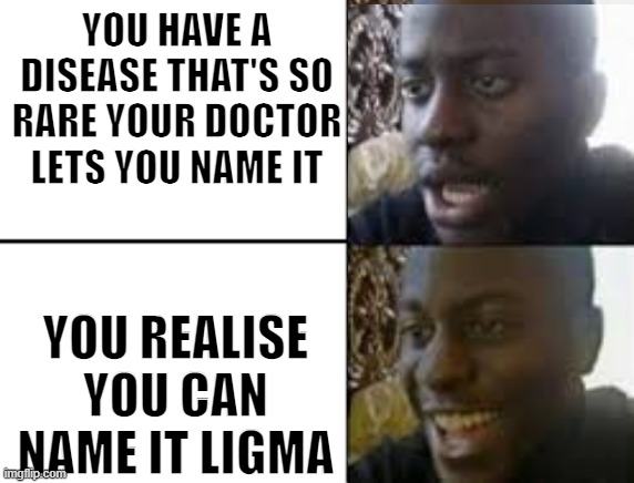 ligma | YOU HAVE A DISEASE THAT'S SO RARE YOUR DOCTOR LETS YOU NAME IT; YOU REALISE YOU CAN NAME IT LIGMA | image tagged in oh no oh yeah | made w/ Imgflip meme maker