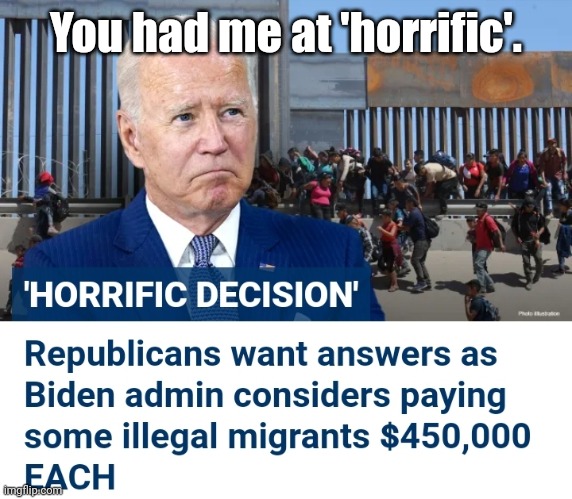obiden wants to reward criminals | You had me at 'horrific'. | image tagged in obiden wants to reward criminals | made w/ Imgflip meme maker